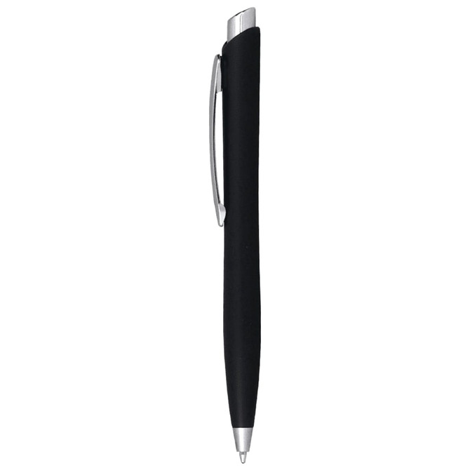 A black ballpoint pen with a sleek design and silver accents, featuring a clip and click-action mechanism.