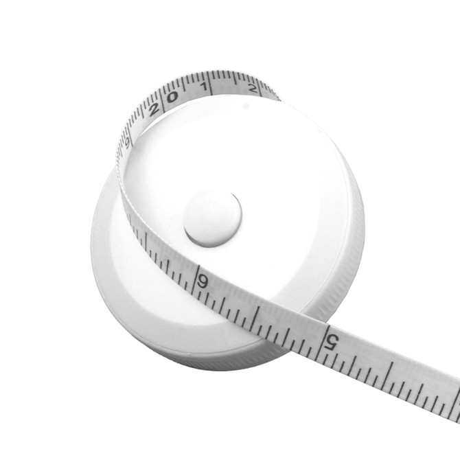 A white 1.5m tape measure coiled with a measurement scale visible on the tape.