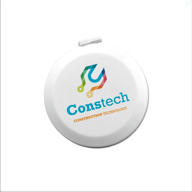 A white tape measure with a round case featuring a multi-coloured logo and branding.
