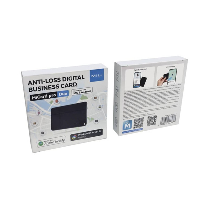 A black digital business card packaging with tracking capabilities, featuring branding and a detailed back.