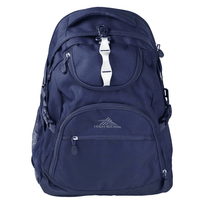 A navy backpack with multiple compartments and a logo, featuring adjustable straps and mesh side pockets.