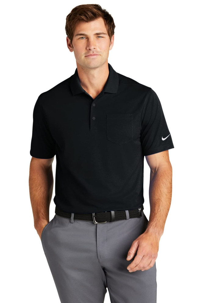 A black Nike Dri-FIT Micro Pique 2.0 Pocket Polo shirt with a pocket and a logo on the sleeve.