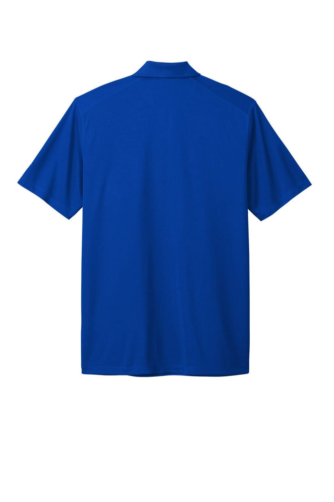 A blue polo shirt with short sleeves and a collar. The shirt features a pocket and a logo.