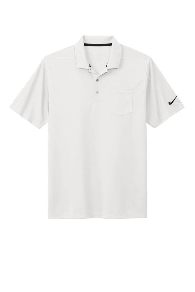 A white polo shirt featuring a pocket and a logo, made from Nike Dri-FIT Micro Pique fabric.