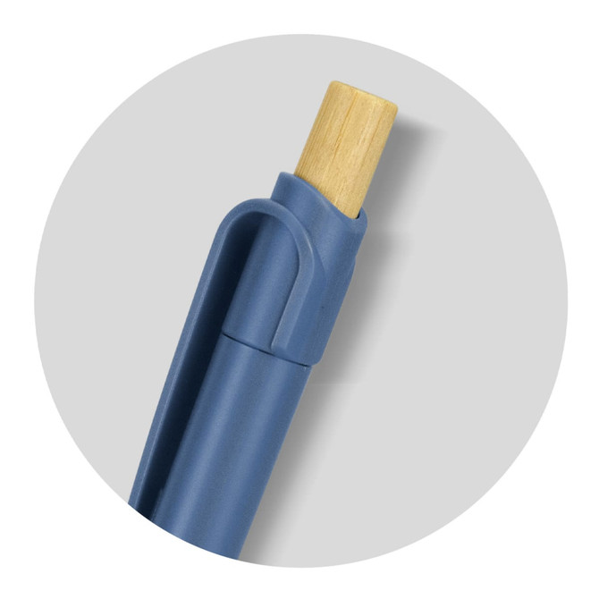 A blue recycled plastic pen with a wooden tip and a clip for attachment. It features a simple, modern design.