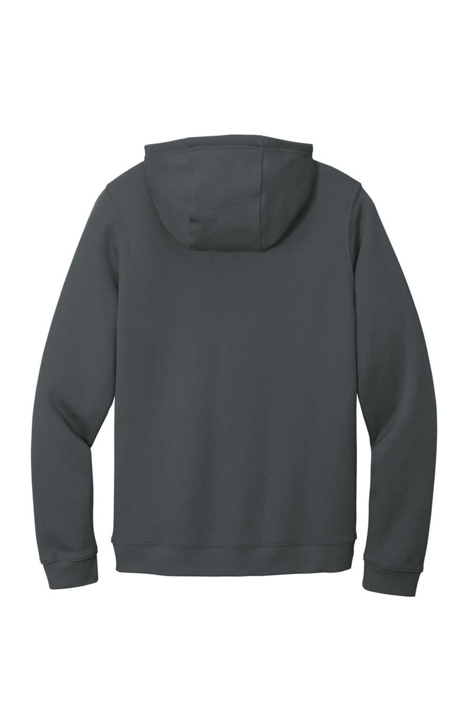 A grey Nike Club Fleece Pullover Hoodie viewed from the back, featuring a hood and long sleeves. A grey Nike Club Fleece Pullover Hoodie viewed from the back, featuring a hood and long sleeves.
