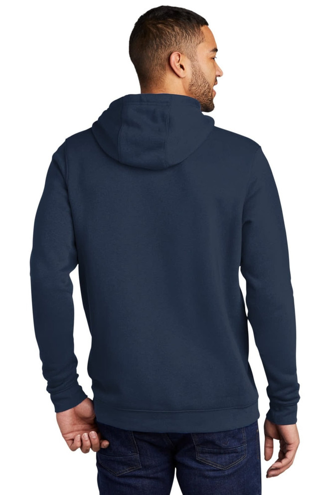 A navy pullover hoodie with a logo, featuring a hood and long sleeves, viewed from the back. A navy pullover hoodie with a logo, featuring a hood and long sleeves, viewed from the back.