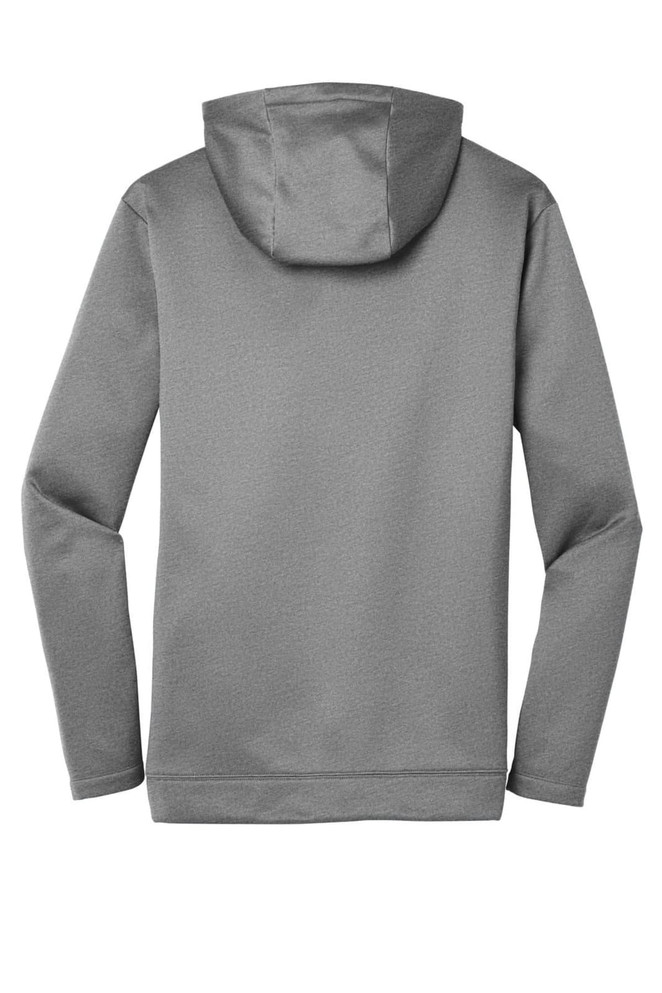 A grey full-zip fleece hoodie with a hood and long sleeves. Features branding on the garment.