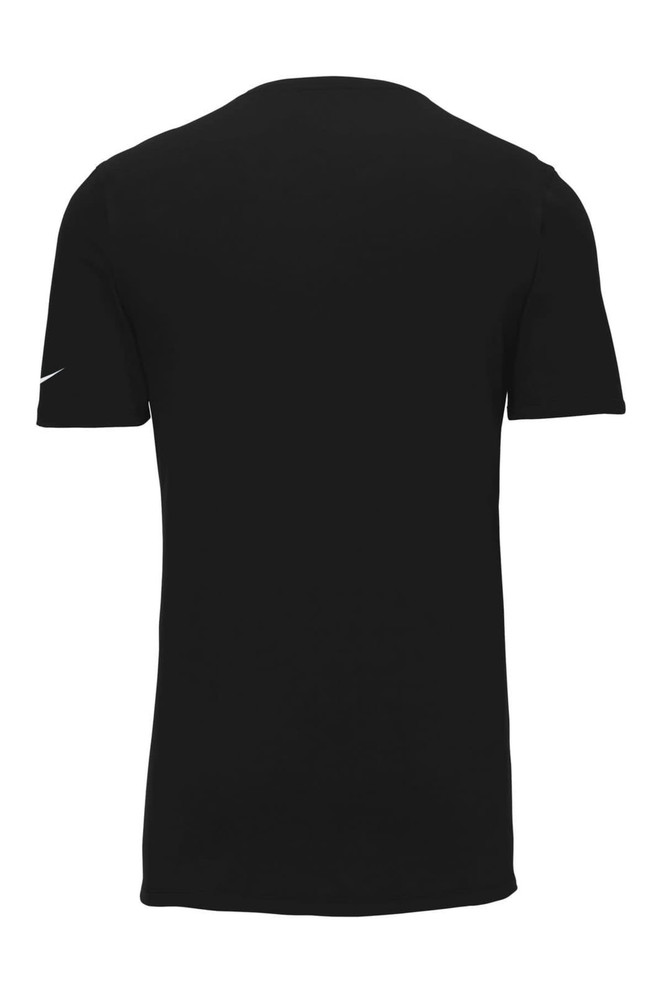 A black Nike Dri-FIT cotton/polyester T-shirt featuring a logo on the sleeve. The shirt has a classic crew neckline. A black Nike Dri-FIT cotton/polyester T-shirt featuring a logo on the sleeve. The shirt has a classic crew neckline.