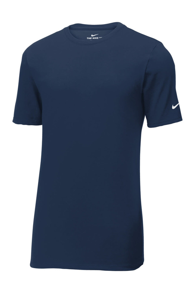 A navy blue Nike Dri-FIT T-shirt with short sleeves and a logo on the sleeve. A navy blue Nike Dri-FIT T-shirt with short sleeves and a logo on the sleeve.