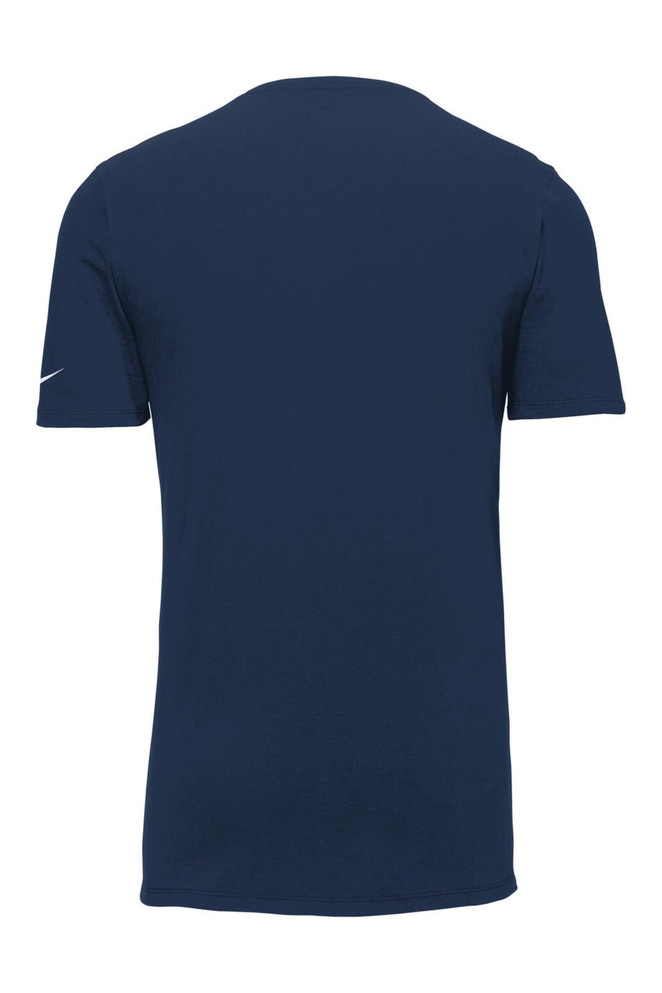 A navy blue Nike Dri-FIT cotton/polyester t-shirt featuring a logo on the sleeve. A navy blue Nike Dri-FIT cotton/polyester t-shirt featuring a logo on the sleeve.