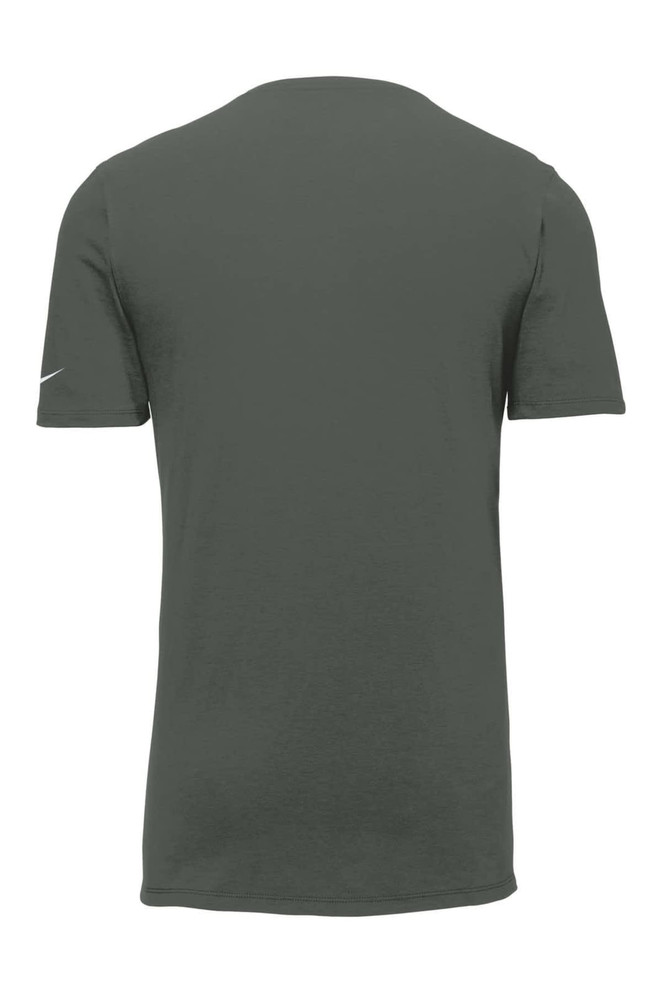 A dark green Nike Dri-FIT Cotton/Poly Tee, featuring short sleeves and a logo. The image shows the back view of the shirt. A dark green Nike Dri-FIT Cotton/Poly Tee, featuring short sleeves and a logo. The image shows the back view of the shirt.