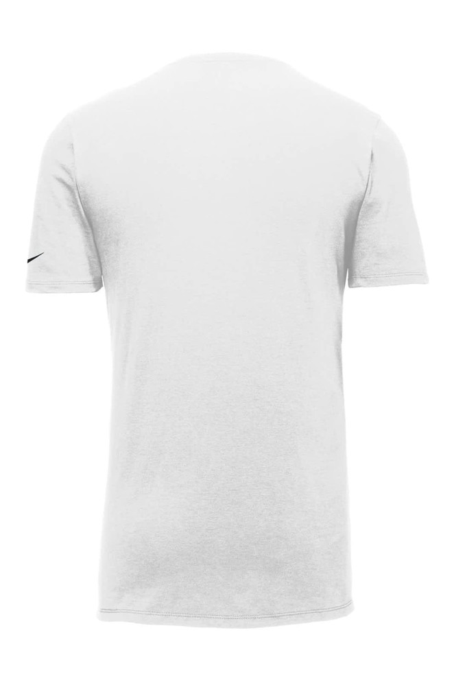 A plain white T-shirt with short sleeves and a small logo on one sleeve. A plain white T-shirt with short sleeves and a small logo on one sleeve.