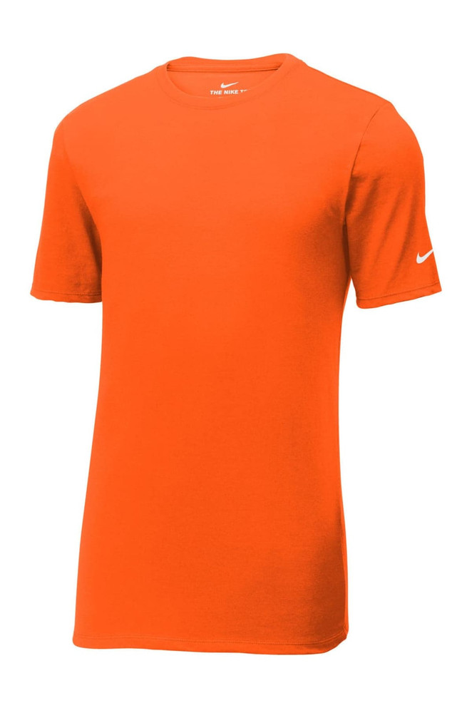An orange Nike Dri-FIT cotton/polyester t-shirt with a small logo on the sleeve. An orange Nike Dri-FIT cotton/polyester t-shirt with a small logo on the sleeve.