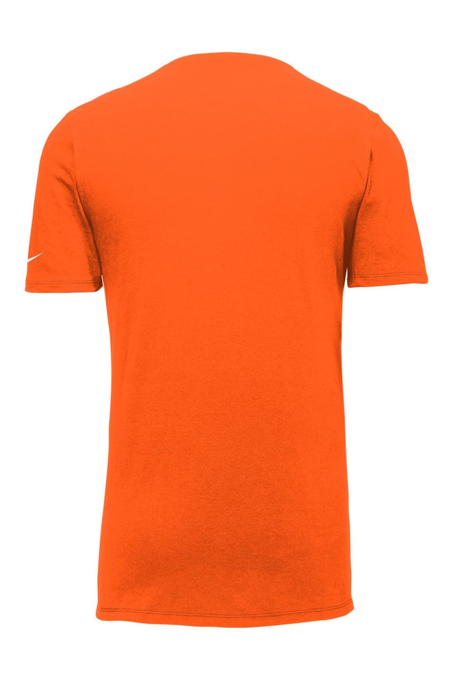 An orange Nike Dri-FIT cotton/polyester t-shirt featuring a logo. The design is simple with short sleeves. An orange Nike Dri-FIT cotton/polyester t-shirt featuring a logo. The design is simple with short sleeves.