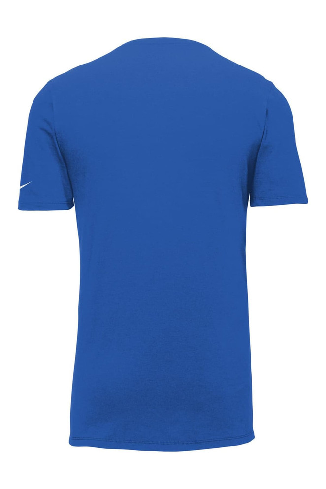 A blue Nike Dri-FIT cotton/polyester T-shirt featuring a logo. The shirt has short sleeves and a round neckline. A blue Nike Dri-FIT cotton/polyester T-shirt featuring a logo. The shirt has short sleeves and a round neckline.