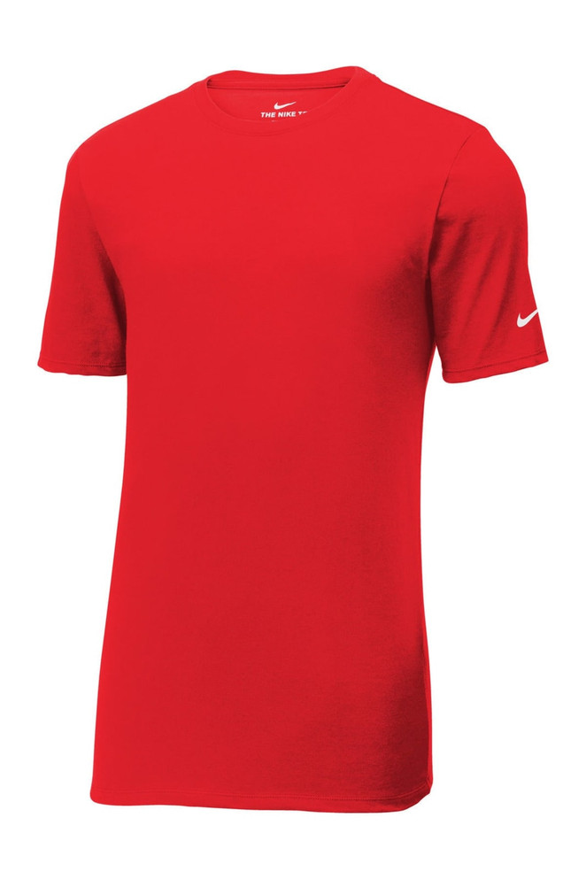A red Nike Dri-FIT T-shirt featuring short sleeves and a logo on the arm. A red Nike Dri-FIT T-shirt featuring short sleeves and a logo on the arm.