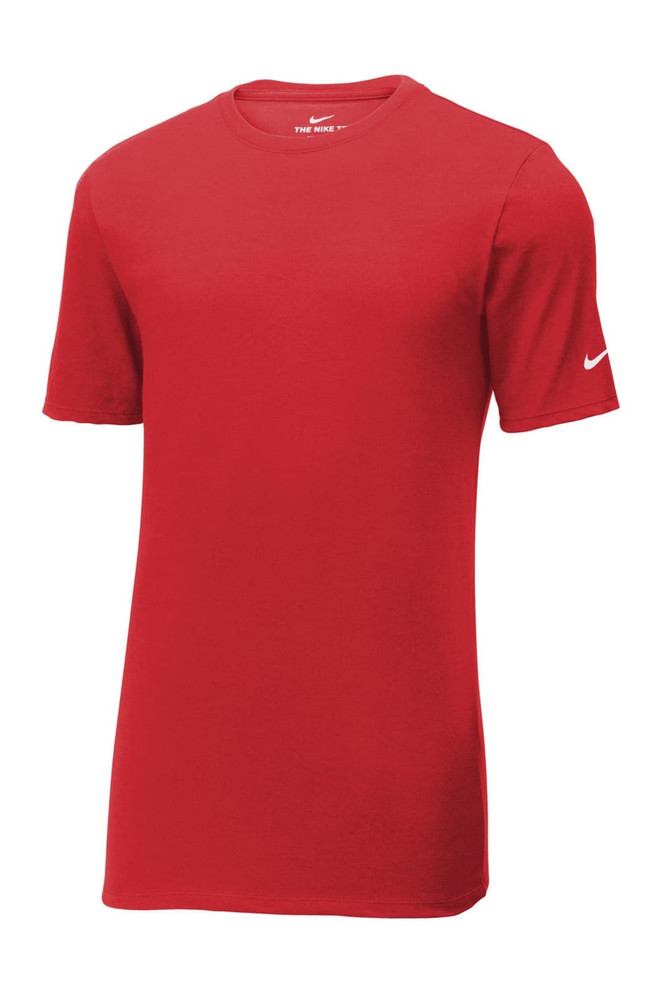 A red Nike Dri-FIT cotton/polyester T-shirt with a logo on the sleeve. A red Nike Dri-FIT cotton/polyester T-shirt with a logo on the sleeve.