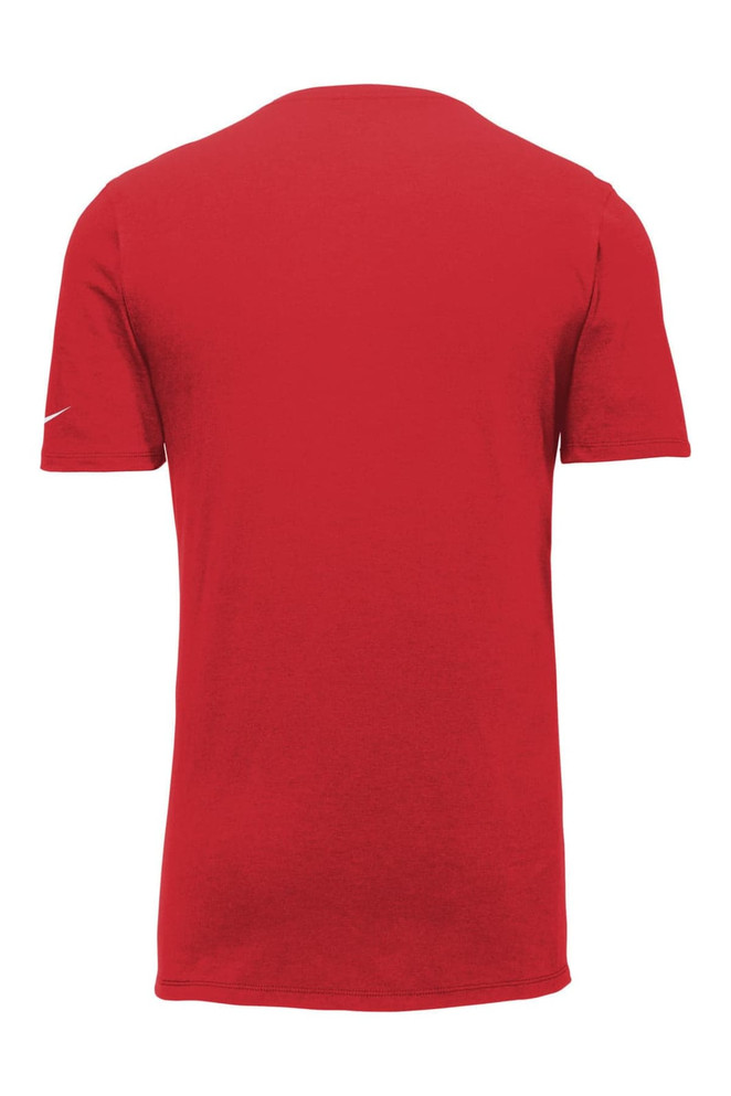 A red Nike Dri-FIT Cotton/Poly T-shirt with short sleeves and a logo on the sleeve. A red Nike Dri-FIT Cotton/Poly T-shirt with short sleeves and a logo on the sleeve.