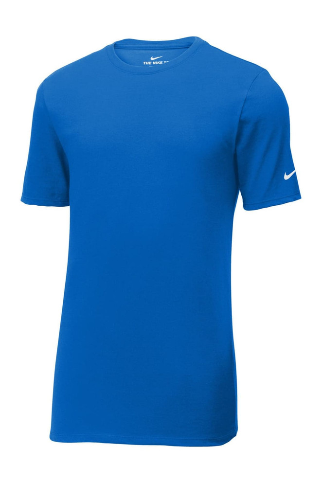 A blue Nike Dri-FIT Cotton/Poly Tee with a logo on the sleeve, displayed on a plain background. A blue Nike Dri-FIT Cotton/Poly Tee with a logo on the sleeve, displayed on a plain background.