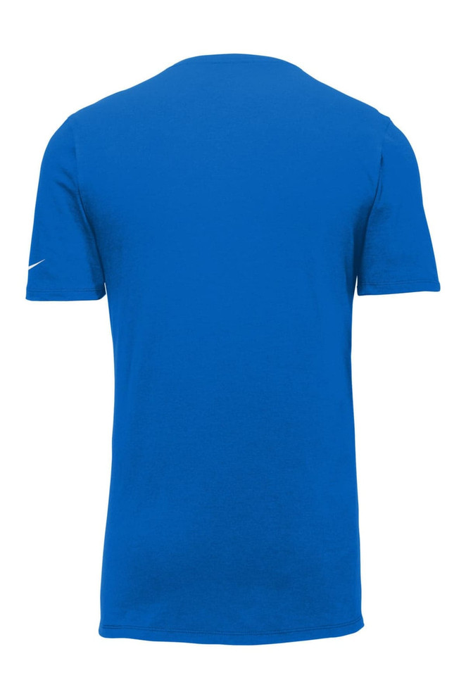 A blue Nike Dri-FIT Cotton/Poly T-shirt featuring a logo, showing the back view. A blue Nike Dri-FIT Cotton/Poly T-shirt featuring a logo, showing the back view.