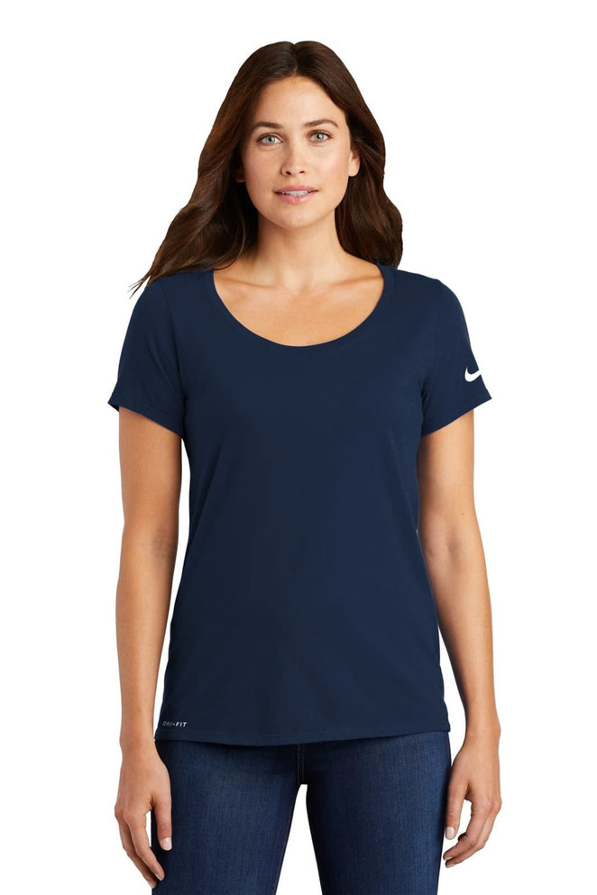 A navy blue scoop neck t-shirt with short sleeves and a logo on the sleeve. Suitable for casual wear.