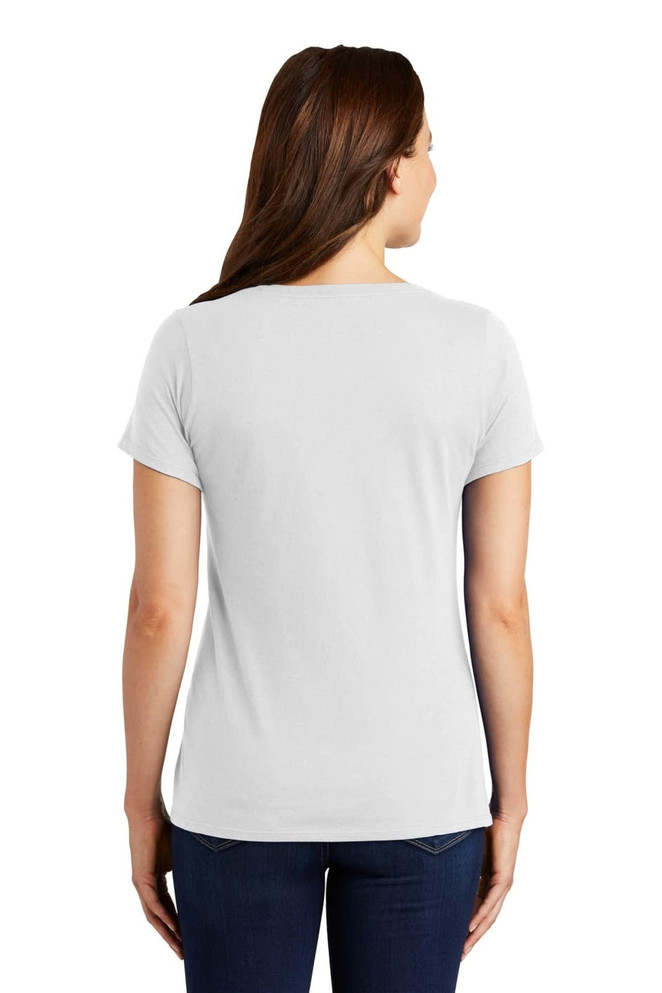 A grey scoop neck tee shirt with short sleeves, featuring a logo on the back.