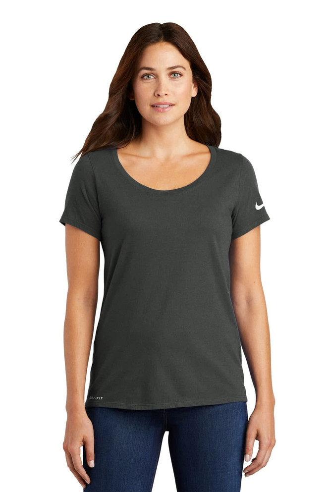 A ladies' scoop neck tee in dark grey, featuring short sleeves and a logo on the sleeve.