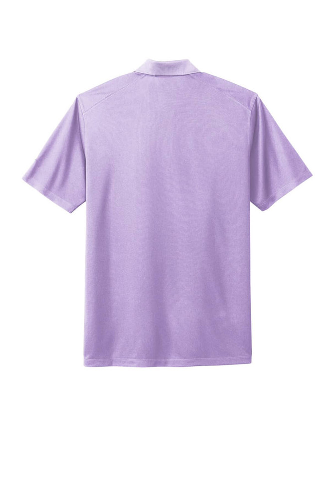 A lilac polo shirt with short sleeves and a collar, featuring a logo on the back.
