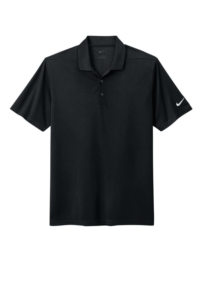 A black polo shirt featuring a collar and short sleeves, with a logo on the sleeve.