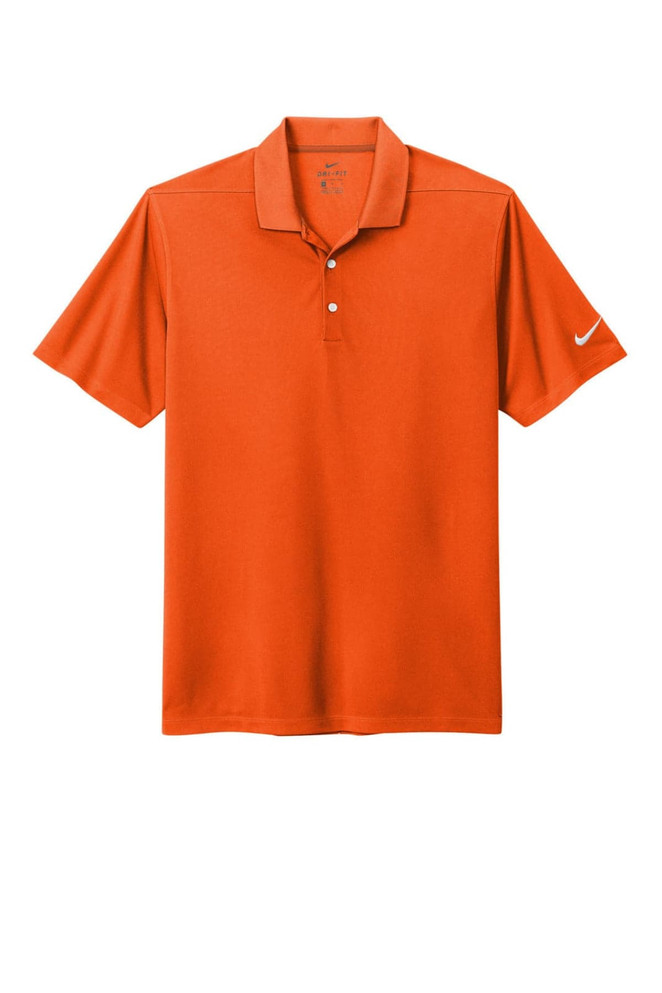 An orange polo shirt with a collar and a logo on the sleeve. Features a micro pique texture.
