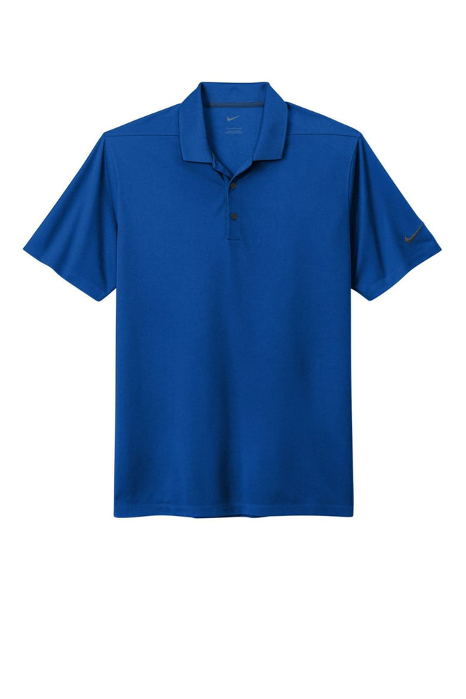 A blue Nike Dri-FIT Micro Pique 2.0 polo shirt with short sleeves and a logo on the sleeve.