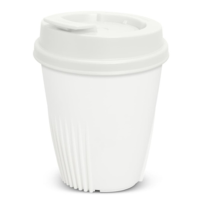 A drink bottle resembling a coffee cup, featuring a white exterior and a ribbed design with a lid.