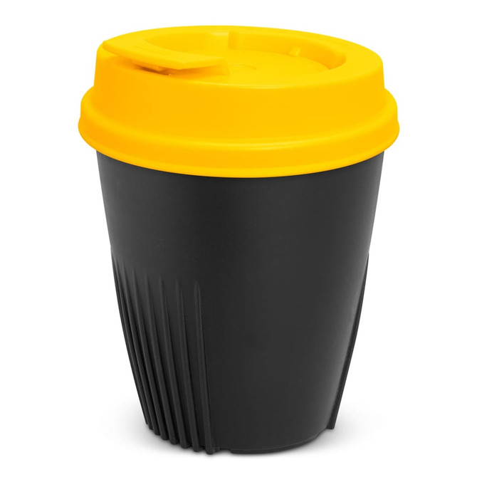 A drink bottle in black with a yellow lid, featuring ribbed sides and a branded design.