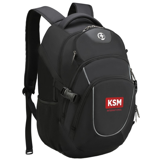 A black Swissdigital Stealth Vector Backpack with multiple compartments and a logo. Features padded shoulder straps.