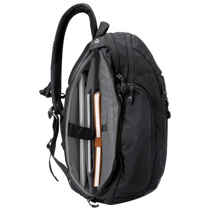 A black backpack with multiple compartments, including space for a laptop and an organisational panel. It features a logo.