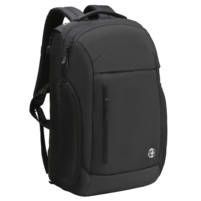 A black backpack with multiple zippers and a logo, featuring adjustable straps and a sleek design.