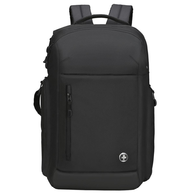 A black backpack with multiple compartments and a logo, featuring adjustable shoulder straps and a sleek design.