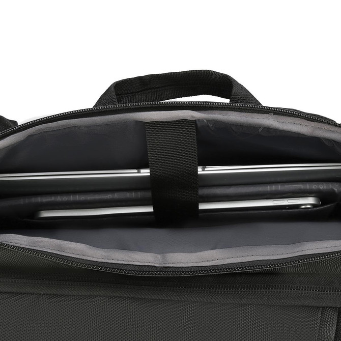 A black backpack interior featuring a sleek laptop compartment and grey lining. It includes a brand logo.