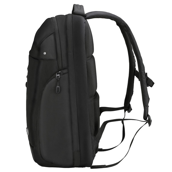 A black backpack featuring padded straps, multiple compartments, and a logo on the side.