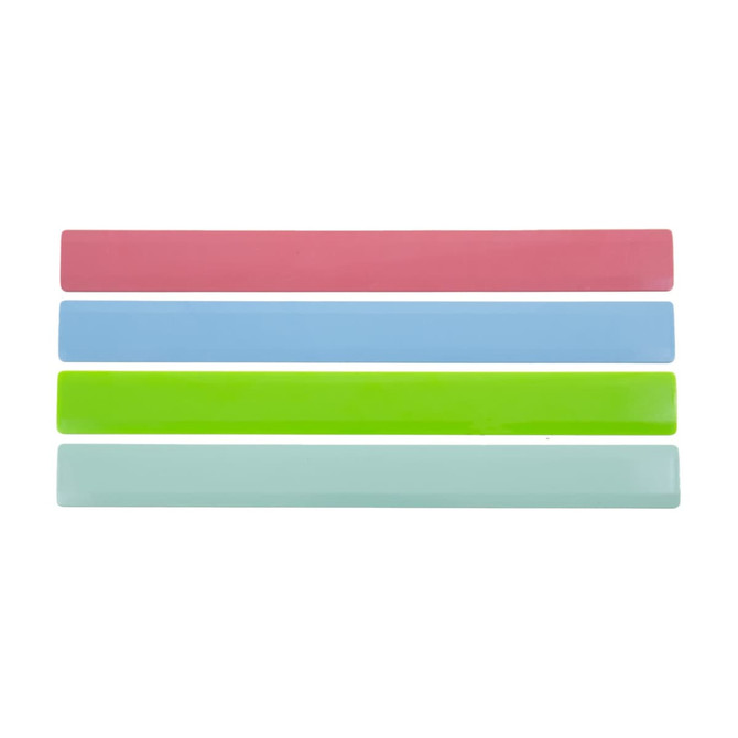 A set of four recycled plastic rulers, each measuring 30cm and available in pink, light blue, green, and teal colors. A set of four recycled plastic rulers, each measuring 30cm and available in pink, light blue, green, and teal colors.