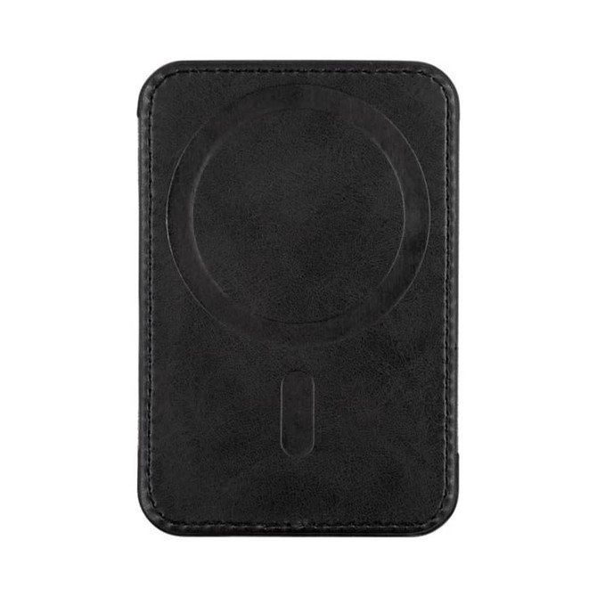 A black phone wallet with a circular magnet feature on the back. It has a textured surface and a simple design. A black phone wallet with a circular magnet feature on the back. It has a textured surface and a simple design.