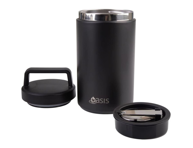 A drink bottle, matte black, with a stainless steel interior, includes a spoon and a lid with a handle.