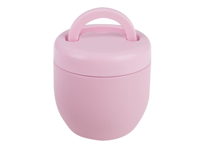 A pink vacuum food pod with a round shape and a handle on top. It features a smooth, matte finish and has a logo.