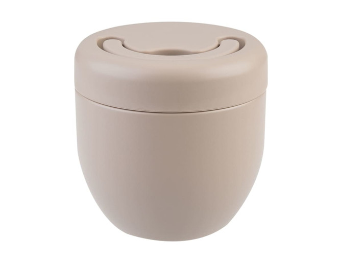 A vacuum food pod in a soft beige colour with a smooth, rounded design and a lid featuring a circular opening.