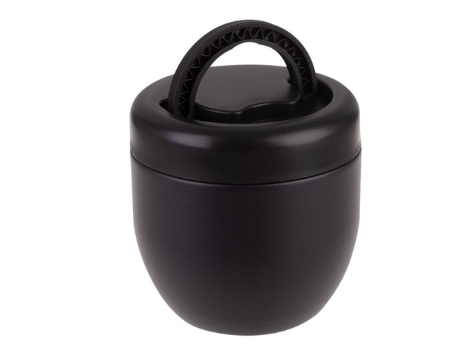 A vacuum food pod in matte black, featuring a textured handle and a secure lid. It has a logo on the side.
