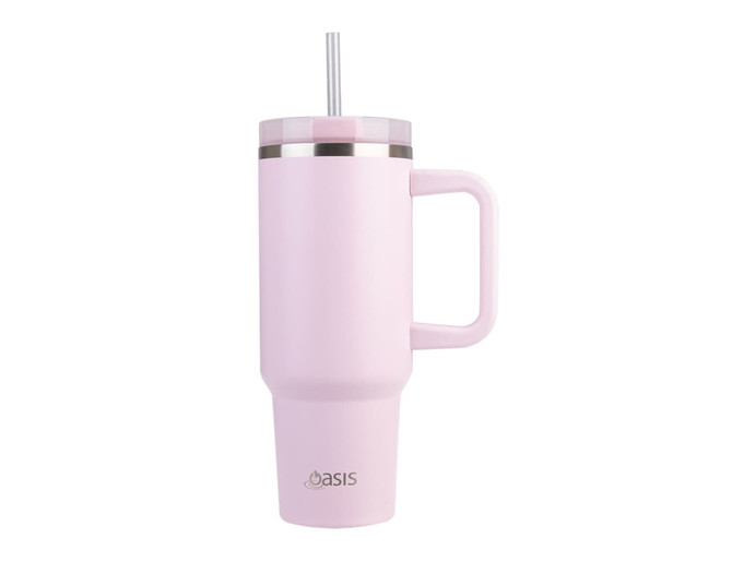 A drink bottle in soft pink with a silver band and a handle, featuring a reusable straw and a branding logo.