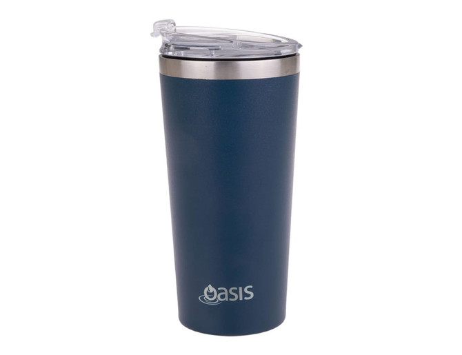 A drink bottle in navy blue with a stainless steel rim and a clear lid, featuring a logo.