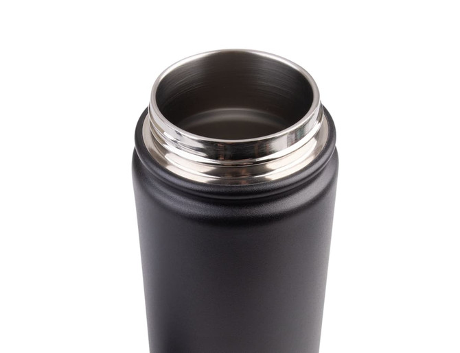 A drink bottle featuring a stainless steel spout and a matte black finish, with a sleek and modern design.