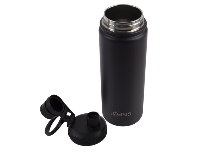 A drink bottle in matte black, featuring a screw cap and a removable lid with a spout. It has a logo on it.